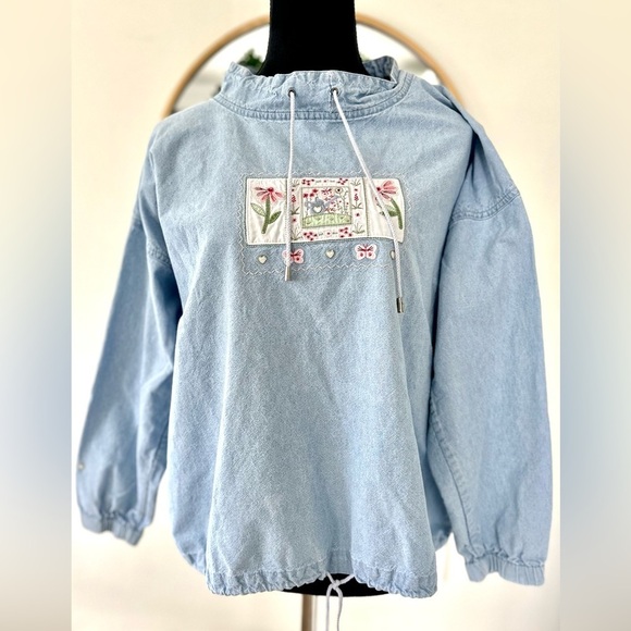 Vint. Christopher & Banks Lightweight Denim Lt. Blue Hearts & Floral Pullover M - Picture 2 of 8